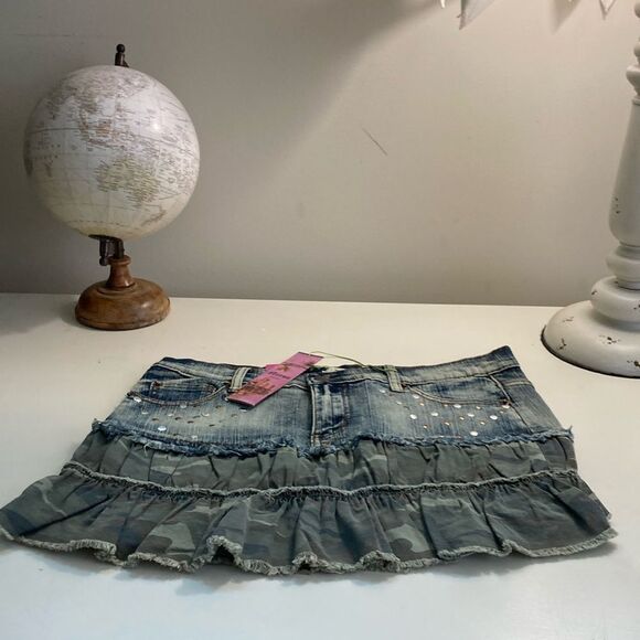 NWT Ruffle 11 Camo/Denim Y2K Mini Skirt - Picture 1 of 12